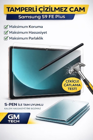 Samsung Tab S9 Fe Plus + Için Tamperli Ekran Koruyucu Kalemle Uyumlu Kırılmaz Cam