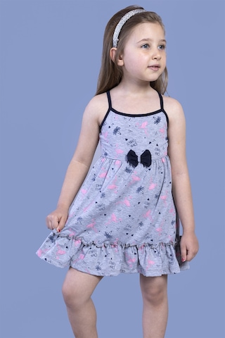 Toontoy Kız Çocuk Flamingo Desenli Büzgü Detaylı Elbise Gri