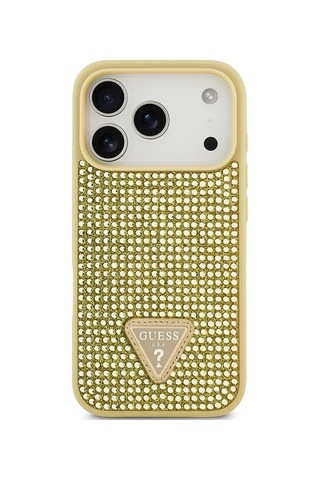 Apple Uyumlu iPhone 17 Pro Kılıf Guess Lisanslı Taşlı Arka Yüzey Üçgen Logolu Kapak Gold