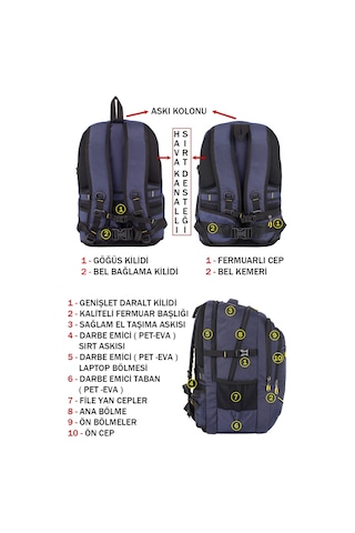Case Club Dada 09 Dağcı Seyahat Günlük Sırt Çantası 60 Litre 17,3 İnç Ortopedik Su Geçirmez Kumaş Lacivert