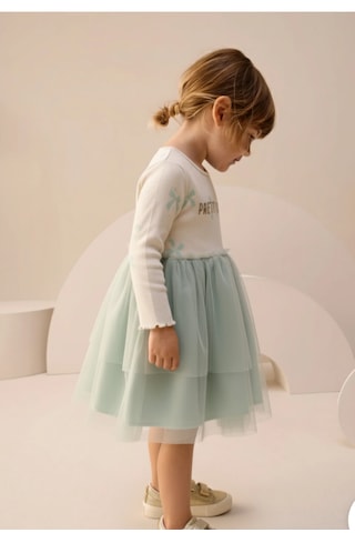 Fidekids Fiyonklu Simli Baskı Tüllü Kız Çocuk Elbise 3-6 Yaş Mint - Yeşil