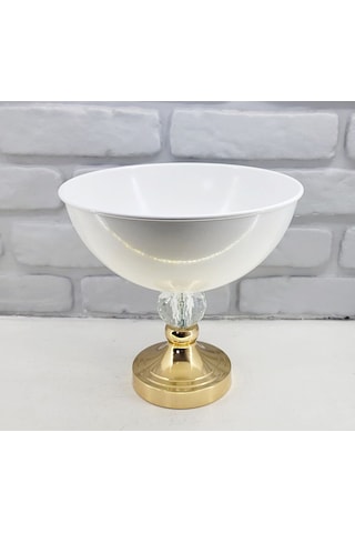 Modern Dekoratif Gold Ayaklı Kristal Taşlı Beyaz Büyük Salon Vazo Beyaz - Gold