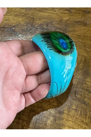 Tavus Kuşu Kanadı Desenli Kemik Kadın Hint Bileziği Çap 7 Cm Turkuaz