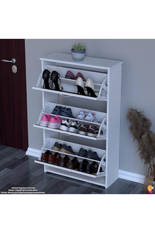 Modilayn West Antre 72x116x26 Cm Lik 3 Düşer Kapak 6 Göz Bölmeli Ayakkabılık Meşe - Beyaz
