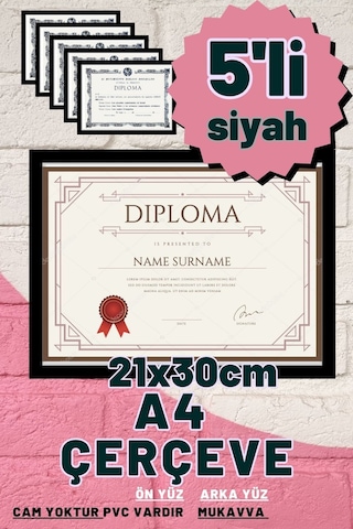 5 Adet A4 Çerçeve Diploma Belge Sertifika Fotoğraf Resim Çerçevesi Pvc 5 Li Siyah