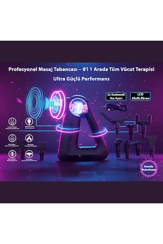 Hilda Sk-988 Profesyonel Masaj Aleti 32 Kademeli Hız 8 Başlıklı Lcd Ekranlı Derin Doku & Tüm Vücut Masaj Tabancası Siyah