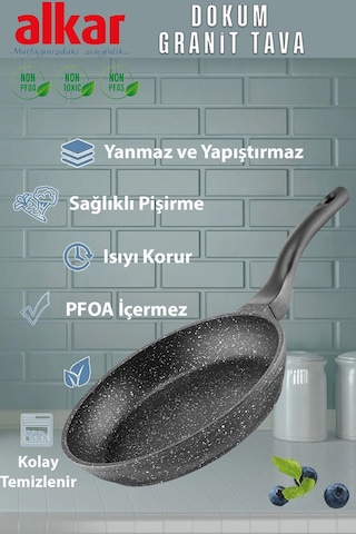 20 Cm Granit Döküm Tava Yanmaz Yapışmaz Ağır Döküm Siyah
