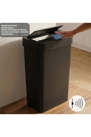 Porsima Me-05-1 Hareket Sensörlü Sessiz Kapatma Çöp Kutusu Banyo Mutfak Çöp Kovası Kapaklı Banyo Çöp Kovası 2 Adet Aa Pil Siyah 50lt