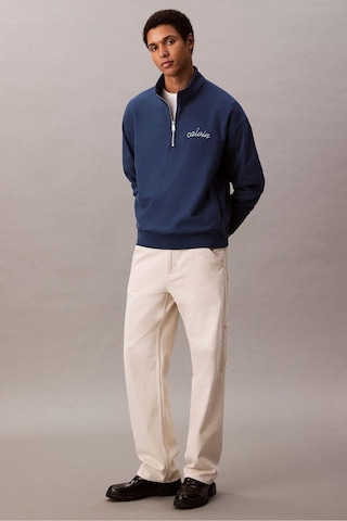 Erkek Yarım Fermuarlı Logolu Sweatshirt - Mavi-8783 Blue Jean