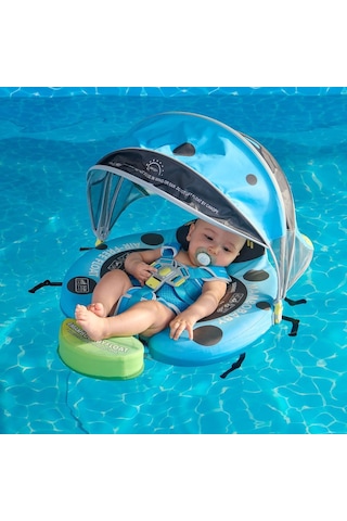 Mambobaby Yüzme Simidi - Ocean Blue Ladybug, Emniyetli, Gölgelikli Ve Ayak Destekli