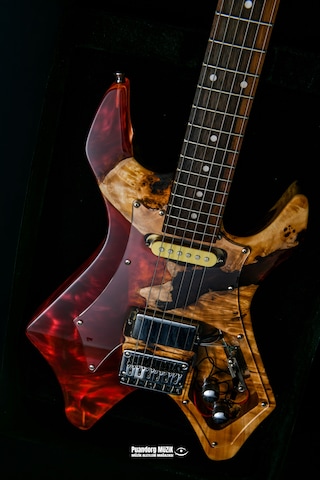 Elektro Gitar X Kasa Alev Custom Epoksi & Yıllanmış Ağaç Kişiye Özel Kırmızı Şeffaf