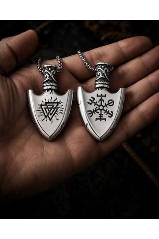 Paslanmaz Çelik Çift Taraflı İskandinav Mitoloji Viking Kolye Antik Gümüş