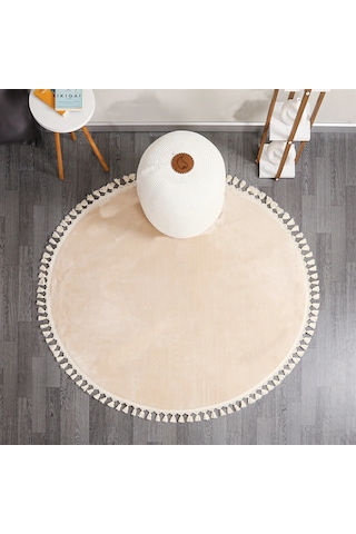 Linos Home Krem Fluffy Düğüm Saçaklı Yuvarlak Post Peluş Halı Kaymaz Taban