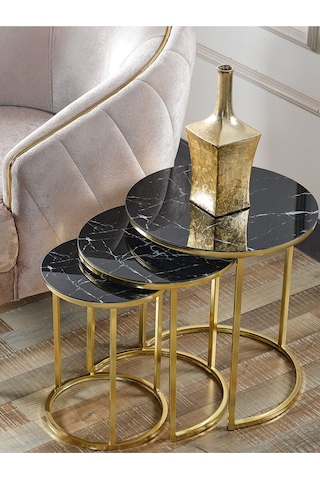 3' Lü Siyah Mermer Gold Metal Sehpa