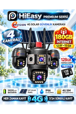 Esvision 7021 Kameralı 4g Çift Solar Panel Gece Görüş 12ay X 15gb İnternet +128gb Hafıza Akıllı Kamera