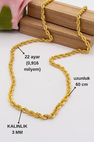 22 Ayar Altın 3mm Kalınlık Halat 60 Cm Uzunluk Kadın Zincir Lznc1025