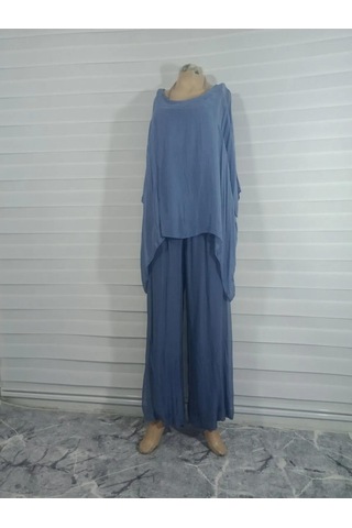 İtalyan Yarasa Kol İpek Bluz-8869 İndigo Mavi