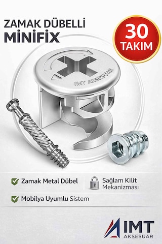 İmt Aksesuar Zamak Metal Dübelli Minifix Gövde Mil Ve Dübel Seti - Mobilya Ve Dolap Bağlantı Elemanı 30 Takım Metalik