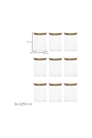 6-3 Bambu Vakumlu Kapaklı Kare Borsilikat Cam 9lu Kavanoz Seti Saklama Kabı 1250ml 9,5x15cm Çok Renkli