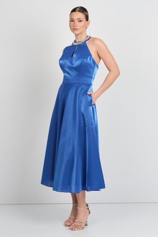 Saygın Kadın Halter Yaka Saten Midi Abiye Elbise 5624 Saks Saks