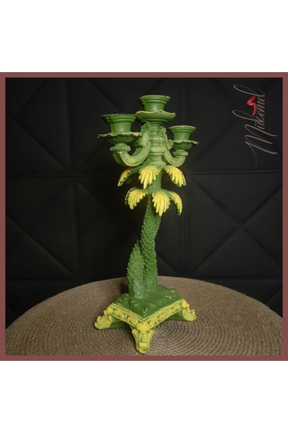 Vintage Yeşil Ve Sarı Palmiye Ağaç Tasarımı 5 Kollu Mumluk El