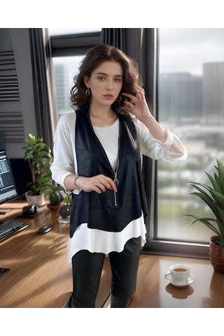 Nnstartshopping Kadın Uzun Kol Asimetrik Kesim Viskon Bluz Ve Çatlak Deri Görünümlü Fermuar Detaylı Yelek Ikili Takım Beyaz