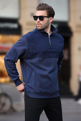 Madmext Lacivert Dik Yaka Yarım Fermuarlı Polar Sweatshirt 7096