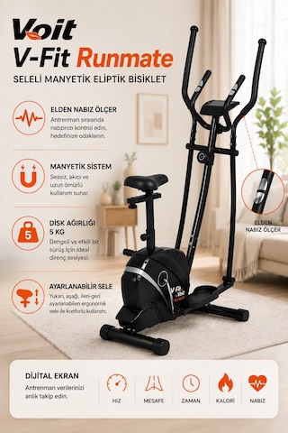 Voit V-Fit By Runmate Seleli Manyetik Eliptik Bisiklet | Sessiz Çalışan, Elden Nabız Ölçerli, Ayarlanabilir Sele