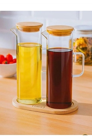 Fıre Kıng Panda Bambu Altlıklı 2 Li Cam Yağlık & Sirkelik Seti 400 Ml Şeffaf