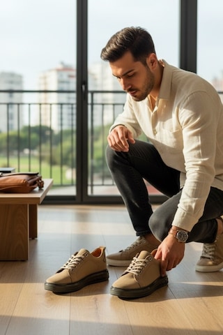 Enoch Hakiki Deri Günlük Bağcıklı Erkek Ayakkabı Jel Görünümlü Taban Sneaker Bej