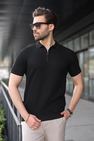 Madmext Siyah Yarım Fermuarlı Polo Yaka Triko Erkek Tişört E7459 Siyah