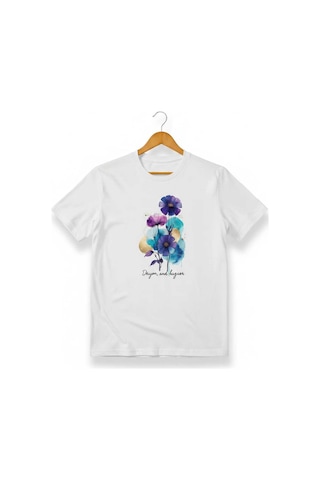 Kadın Beyaz %100 Pamuklu Estetik Sulu Boya Efektli Çiçek Baskılı T-shirt Beyaz