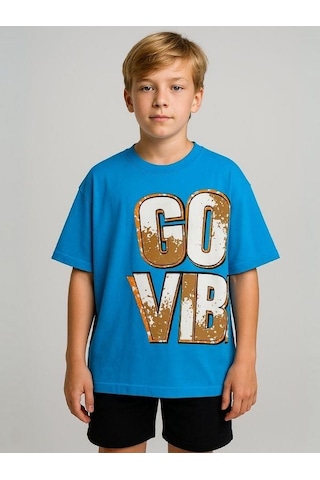 Marions Erkek Çocuk Good Vibes Yazılı Oversize Tshirt-16017 Mavi