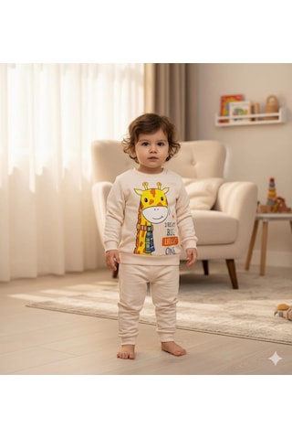 Kız Bebek Zürafa Baskılı Çıt Çıtlı Alt Üst İkili Gündelik Takım 6-18 Ay Krem