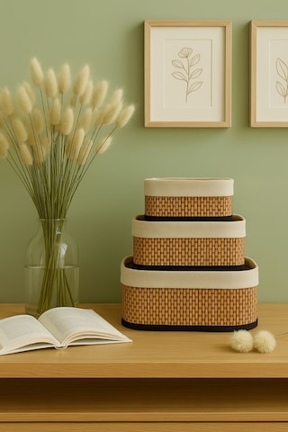 Bambu Hasır Dikdörtgen 3'lü Organizer Sepet Seti - Çok Amaçlı Düzenleyici Kahverengi