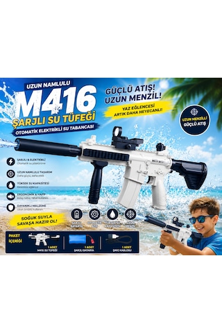 Uzun Namlulu M416 Şarjlı Su Tüfeği Otomatik 60 Cm Elektrikli Su Tabancası Mavi