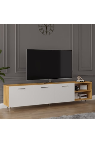 Asra Trend Tv Ünitesi T-20 %100 MDF 200 cm Büyük Boy Tv Sehpası Dolaplı Raflı Petra-Beyaz