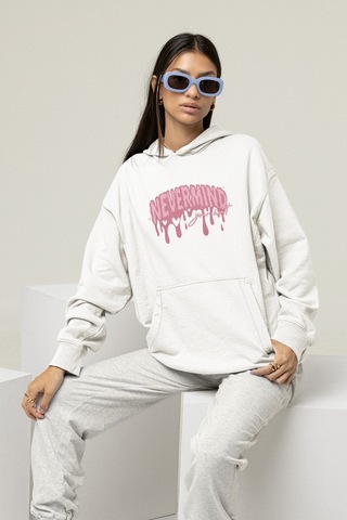 Nevermind Unisex Oversize Hoodie Sweatshirt Pembe Baskılı Kapüşonlu Beyaz