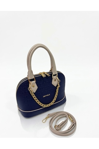 Just Polo Kadın Zincir Detaylı Lüks El Ve Omuz Çantası Shopper Ebat : 25x22 Cm Lacivert - Taş