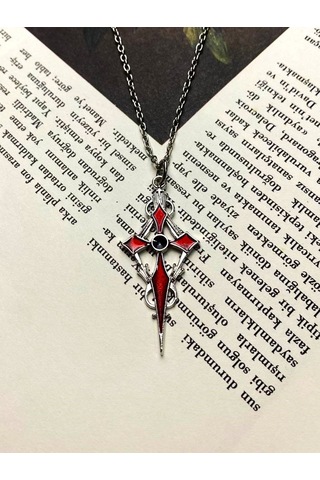 Gümüş Kaplama Kırmızı Mineli Gotik Haç Kolye