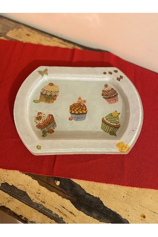 Özel El Yapımı Cupcake Temalı Beyaz Cam Servis Tabak 30 X 23 CM