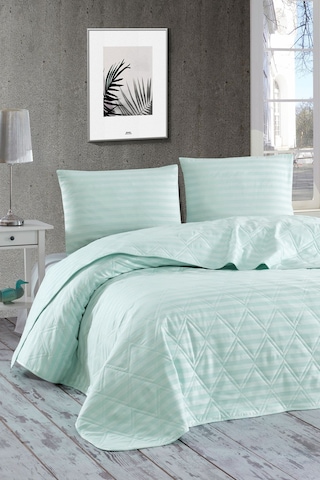 Enlora Home Water Yollu Saten Çok Amaçlı Örtü Çift Kişilik Mint