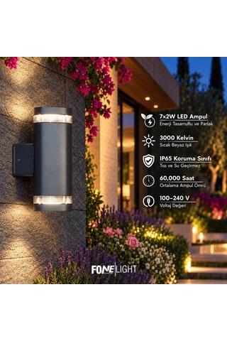 Gala Duo Modern Cam Detaylı Çift Yönlü Led Duvar Apliği 80x120x210 Mm Ip65 Alüminyum Dış Mekan Bahçe Balkon Teras Cephe Aydınlatması 3000k Diğer