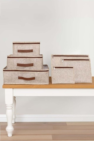 Derili 6 Parça Bavul İçi Seyahat Çantası, Bej Desenli