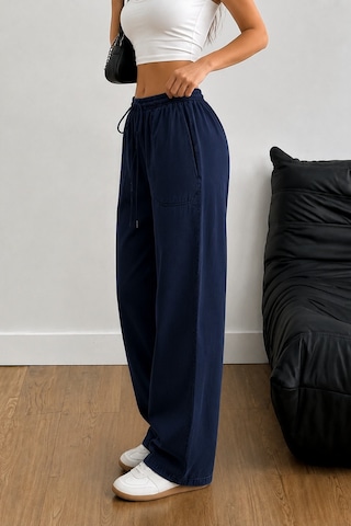Tarz Cool Kadın Keten Karışımlı Regular Fit Beli Lastikli Bağcıklı Yüksek Bel Günlük Pantolon Lacivert