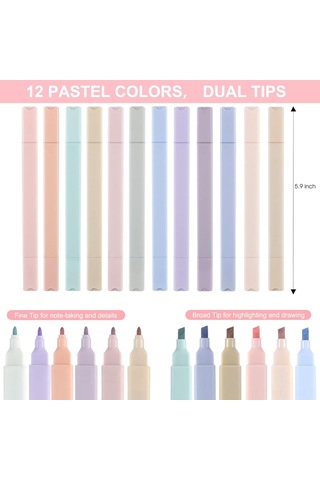 Aubyhe 12 Renk Yumuşak Vurgulayıcı Seti - İki Uçlu Uç İnce + Çatal - Hızlı Kuruyan - Kağıda Sızmayan - Not Alma, Çalışma, Renklendirme İçin Çok Renkli
