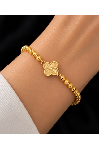 Bijutakı Yonca Figürlü Işıltılı Boncuk Zincir Bileklik Ayarlanabilir Model Gold
