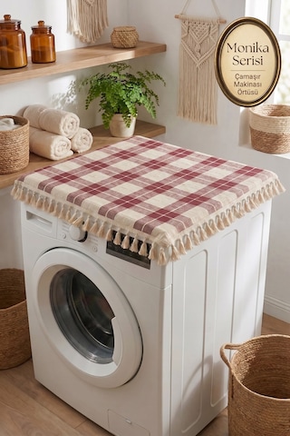 Bordo Vintage Püsküllü Çamaşır Makinesi Örtüsü - Çeyizlik Buldan Bezi Dekoratif Banyo Makine Kılıfı