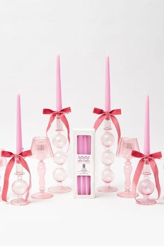Pembe Pastel Renk Konik Şamdan Mum - 4'lü Set Pembe