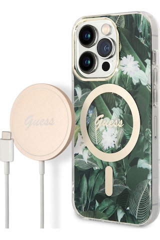Apple Uyumlu iPhone 14 Pro Kılıf Guess Magsafe Şarj Özellikli Yaprak Desenli Kablolu Kapak